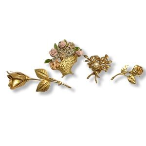 Vintage Bundle Flower Brooches Goldtone Collar Pins Lot‎ of 4 Roses Floral